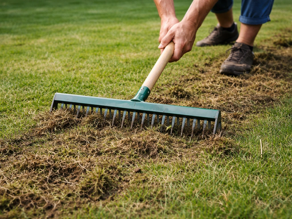 Tuinman met verticuteerhark verwijdert mos; zichtbaar voorbereide grond na kort maaien