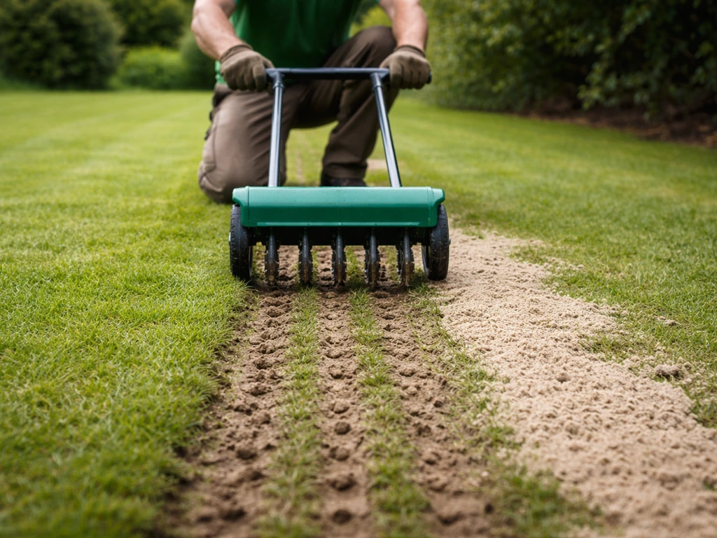 Tuinman gebruikt een beluchter met grondpennen op een rij rolsporen, waarna topdressing/bezanden wordt aangebracht.