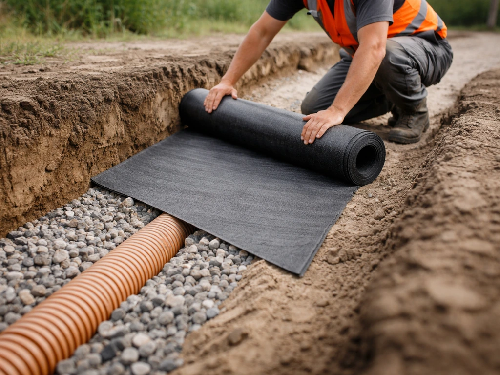 Anonieme werker rolt een wortelbarrière/doek uit langs een drainagezone in een tuinwerk-sleuf.
