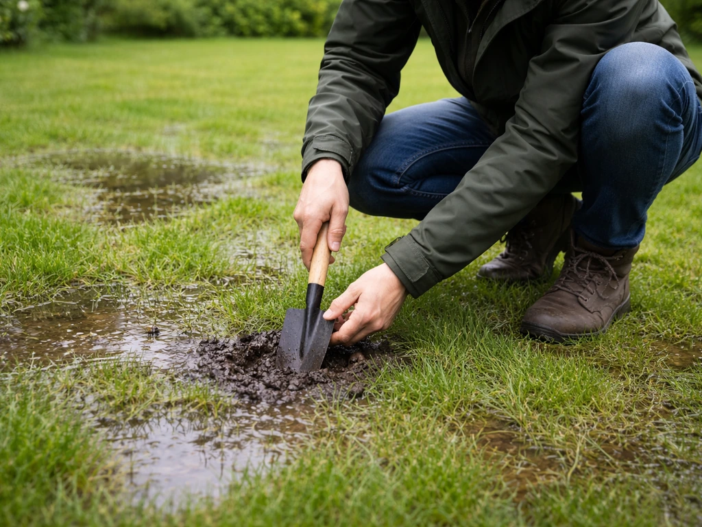 Iemand steekt een spade in de grond en controleert in de tuin hoe water na regen blijft staan.