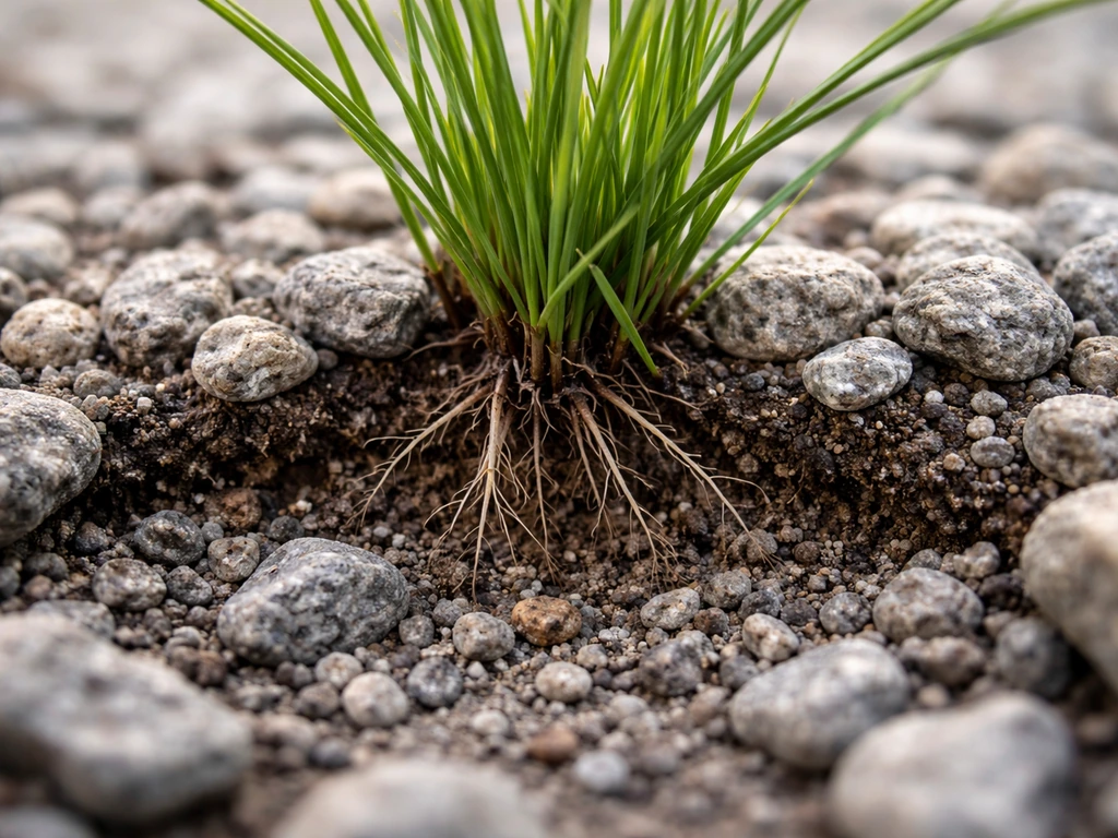 Close-up van gras dat tussen grind groeit, met zicht op de onderlaag aarde rond de wortels.