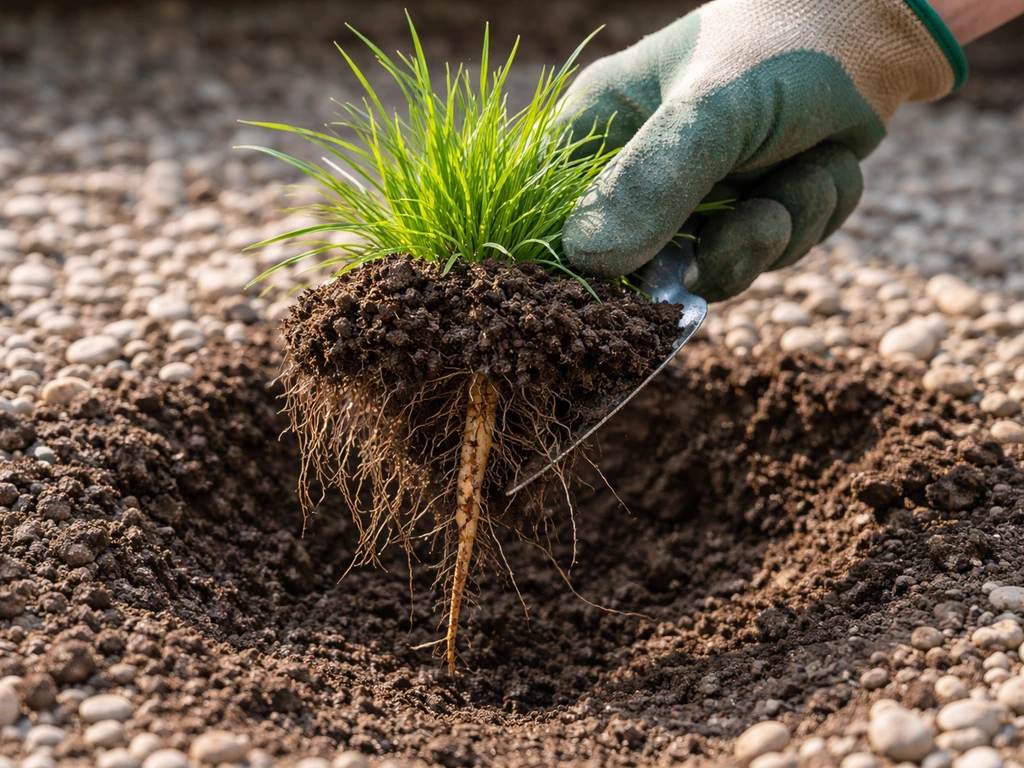Tuinier tilt een graspol met zichtbare wortels op; grind is opzij geschoven langs de rand.