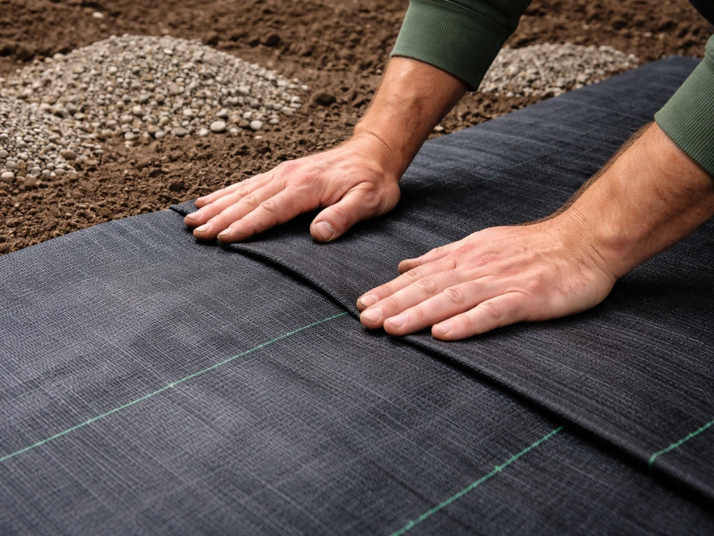 Hand legt anti-worteldoek met duidelijke overlap en daarna klaar grind voor nette afwerking.