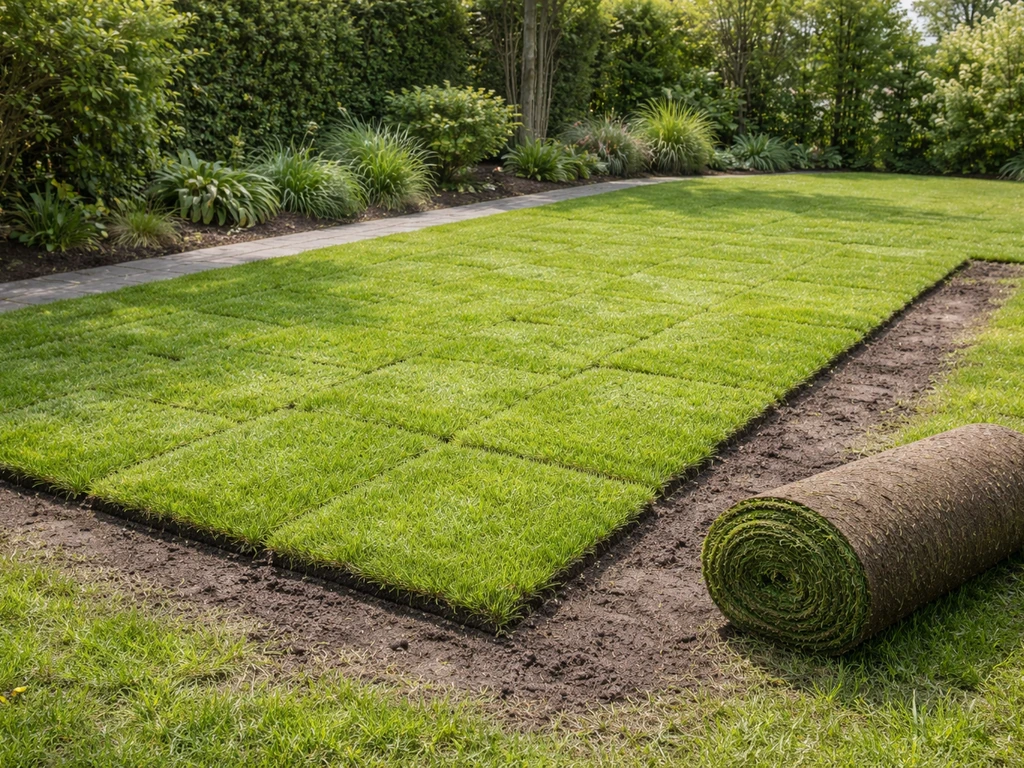 Nette tuin met recent gelegde graszoden, rol graszoden opzij, frisse daglicht sfeer in Nederland.