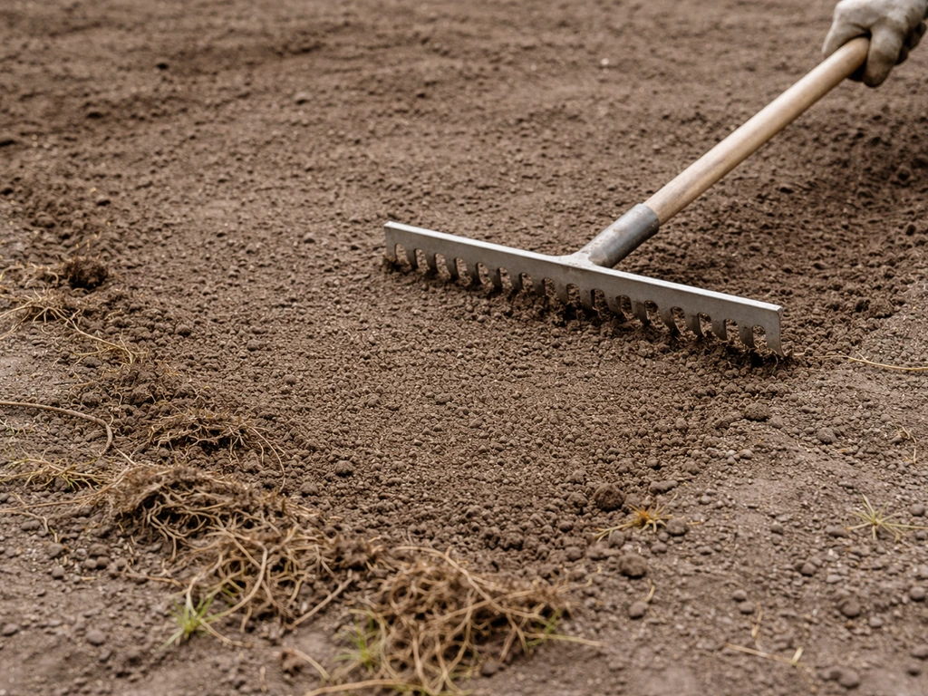 Close-up van kale grond die met hark wordt geëgaliseerd, met resten van oud gras verwijderd vóór de zode.