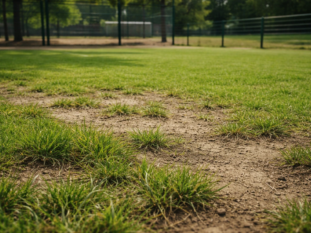 Afgerasterde speelplek met graszoden die intensief gebruikt lijken, met robuuste grasgroei in de voorgrond.