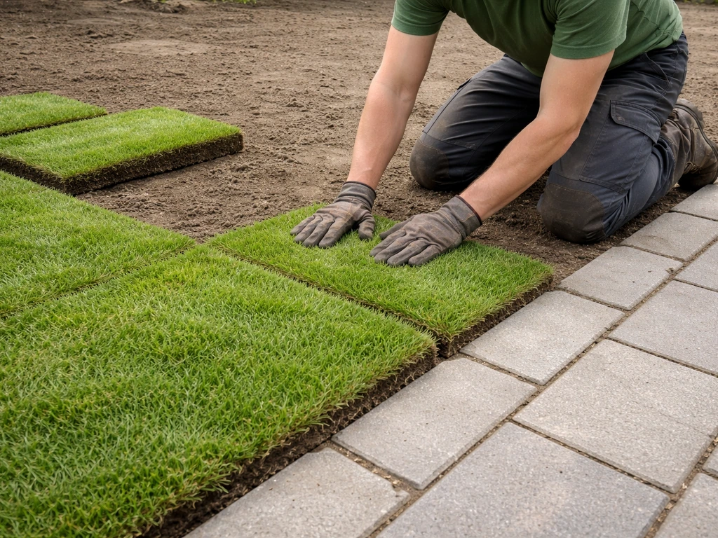 Tuinman legt graszoden in rechte banen langs een tuinpad, met strakke voegen die aansluiten.