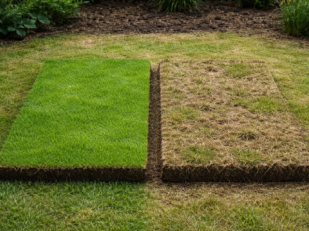 Twee kleine tuinplekken: grasmat op gezond gras versus grasmat op plek met dichte, verdroogde viltlaag.