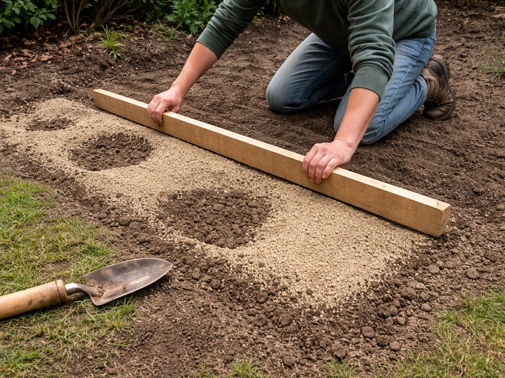 Tuinwerker meet en egaliseert een zand/compost mengselbed met een rechte lat voordat er zoden gelegd worden.
