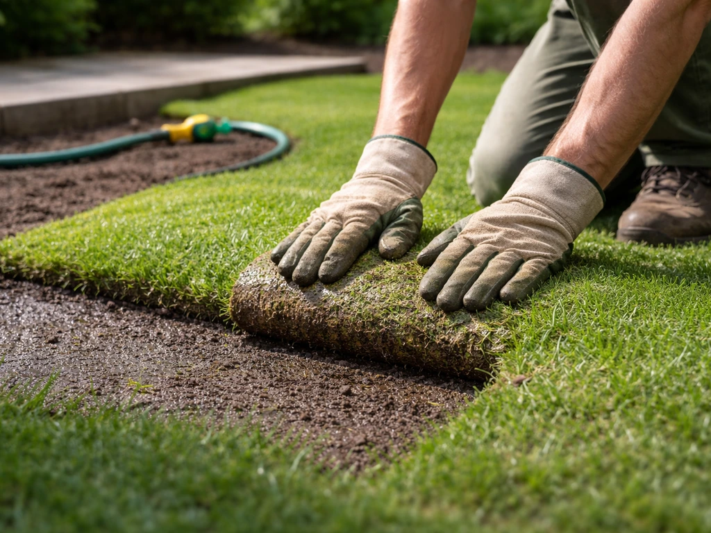 Tuingazonwerker drukt nieuwe graszoden aan tot het maaiveldniveau klopt en geeft direct gericht water.