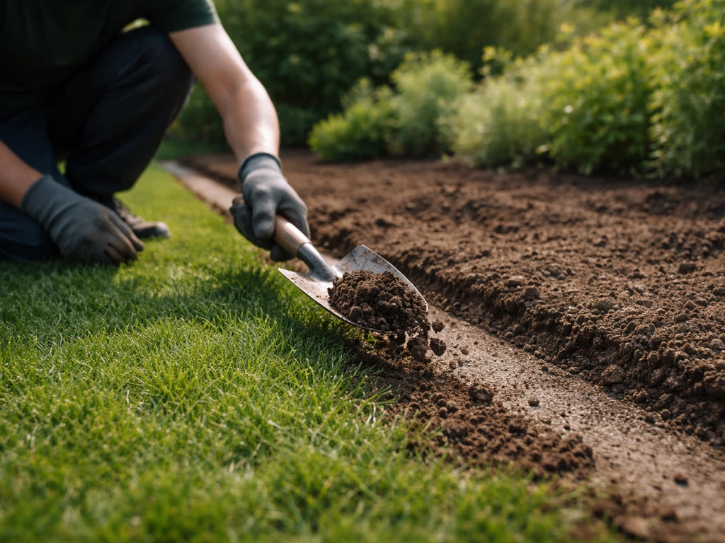 Tuinman schept aarde op een gazonstrook terwijl een border wordt aangelegd, met zichtbare grondverschuiving.
