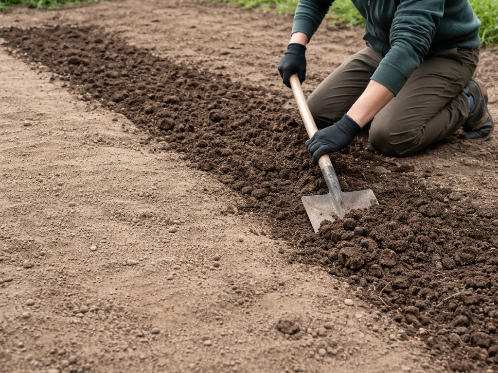 Tuinman graaft met brede hark een dikke aardlaag; kale grond en herstelde plek zichtbaar.