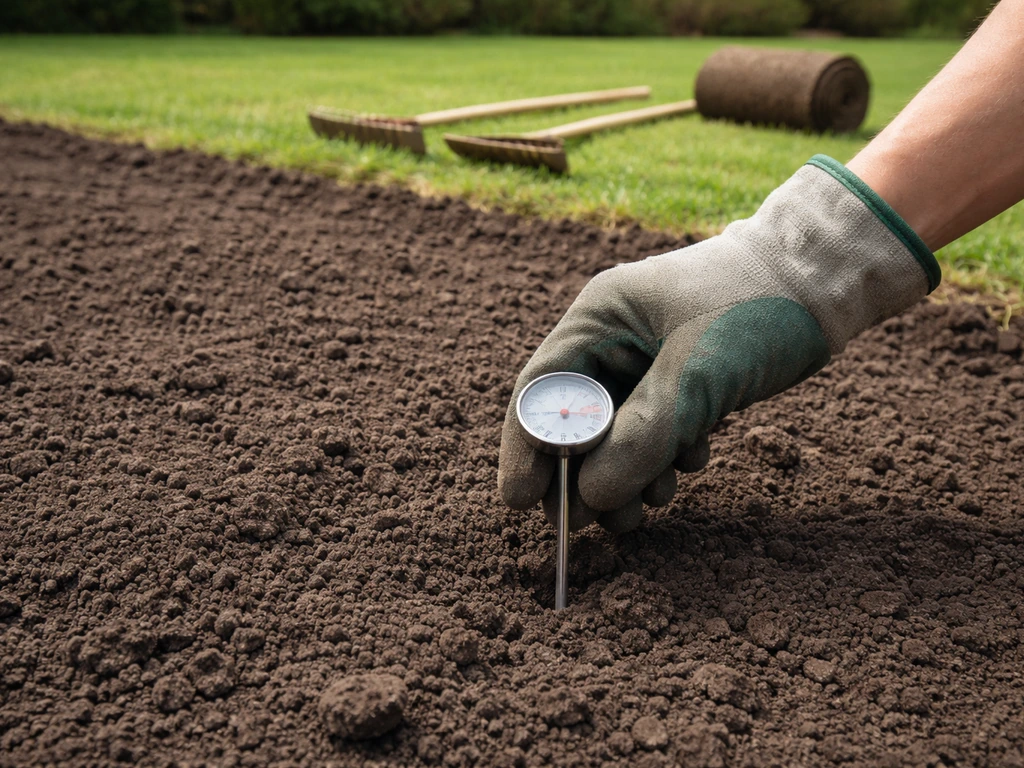 Hand meet de bodemtemperatuur met een thermometer op 5–10 cm diepte in een tuinperceel voor graszoden.