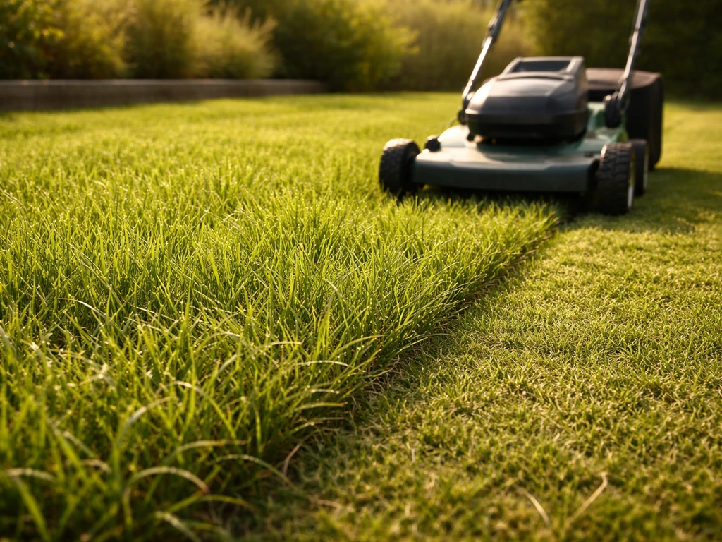 Een grasmaaier maait een pas aangeschoten graszode bij volle zon; gras staat rond 8 cm.