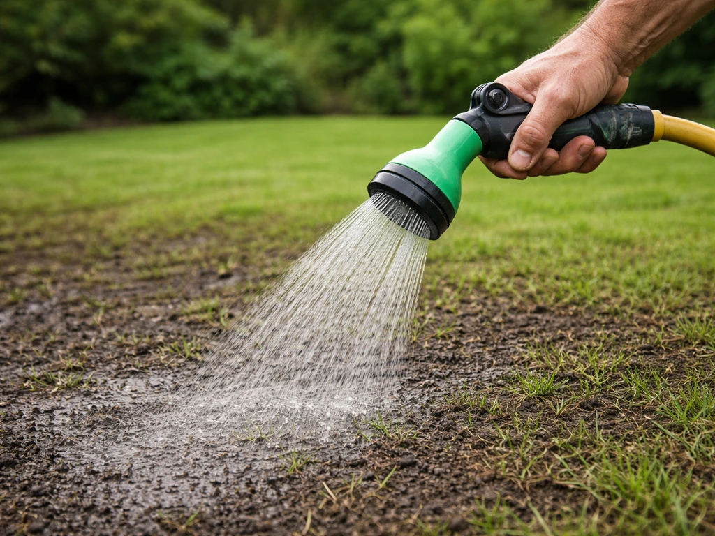 Anonieme handen sproeien een net aangelegd gazon met een tuinslang, vers gras en vochtige plekken zichtbaar.