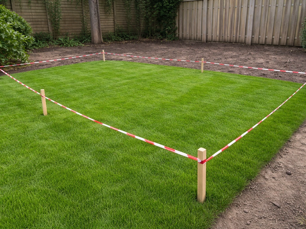 Jonge grasmat in de tuin met kleine paaltjes en afzetlint om betreden en belasten te voorkomen.