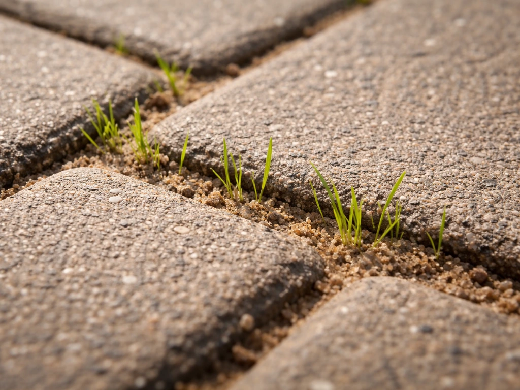 Close-up van klinkers met zandgevulde voegen waar jong gras kiemt tussen de stenen.