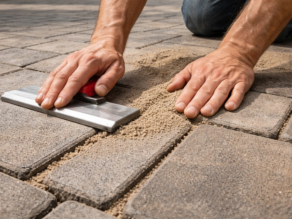 Handen vullen voegzand tussen betonklinkers en drukken het licht aan op een oprit