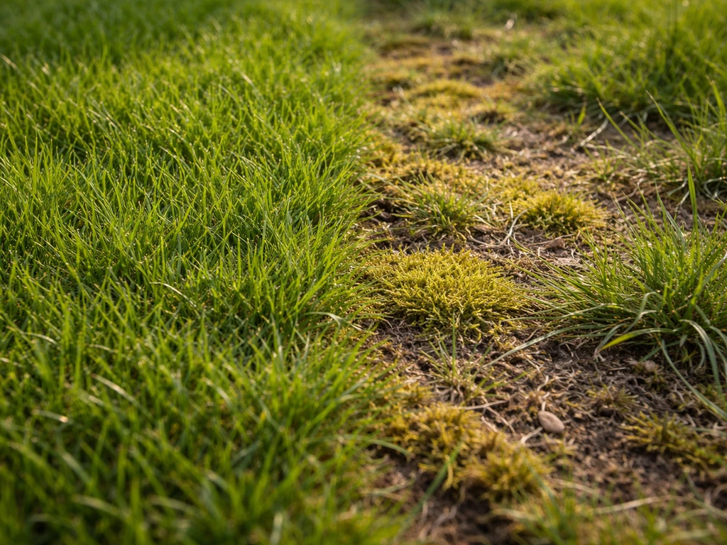 Close-up van een gazon met een dicht groen deel naast gele, kale plek met mos en losse grassprieten.