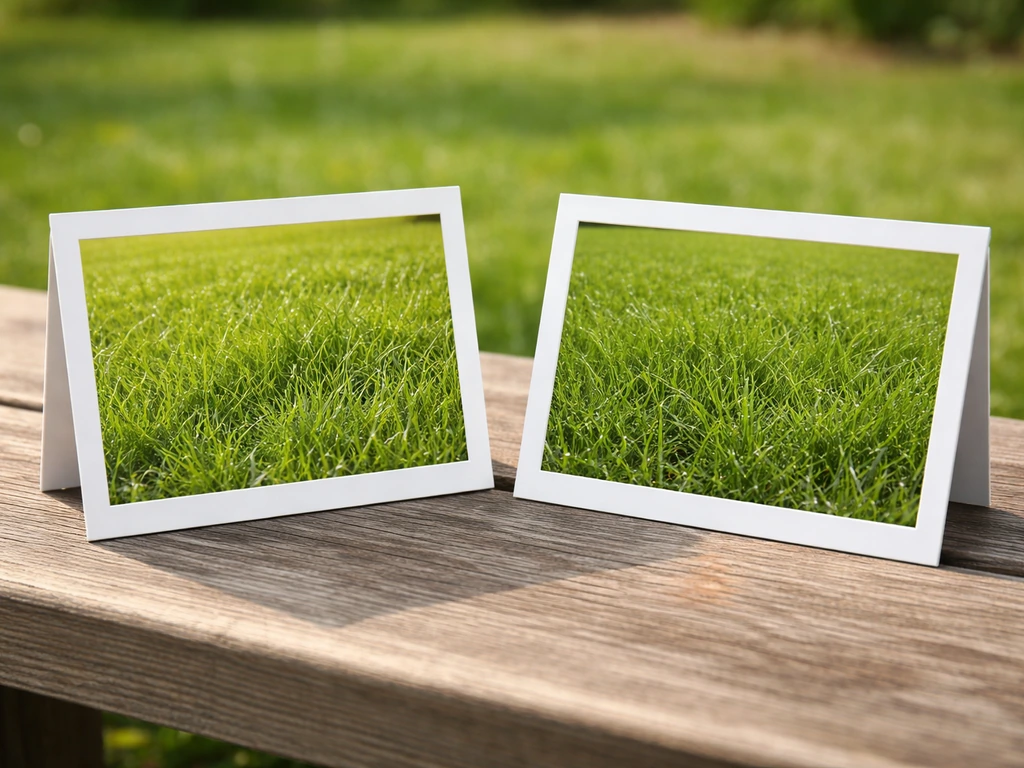 Zelfde gazon in lente en zomer, met duidelijk verschil in grasgroei en bladkenmerken in eenvoudige foto-inzetkaders.