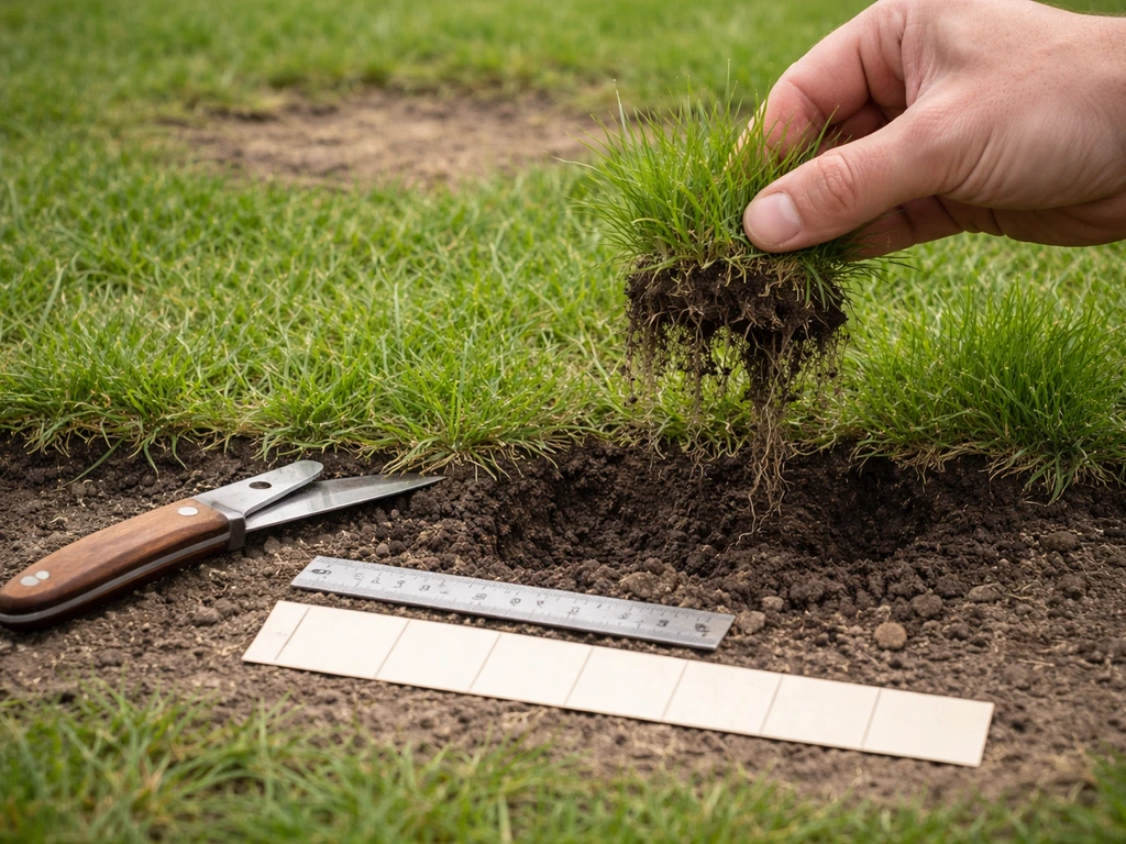 Hand met losse graspol en zakmes naast meetliniaal bij gazonrand, klaar om het gras zelf te determineren