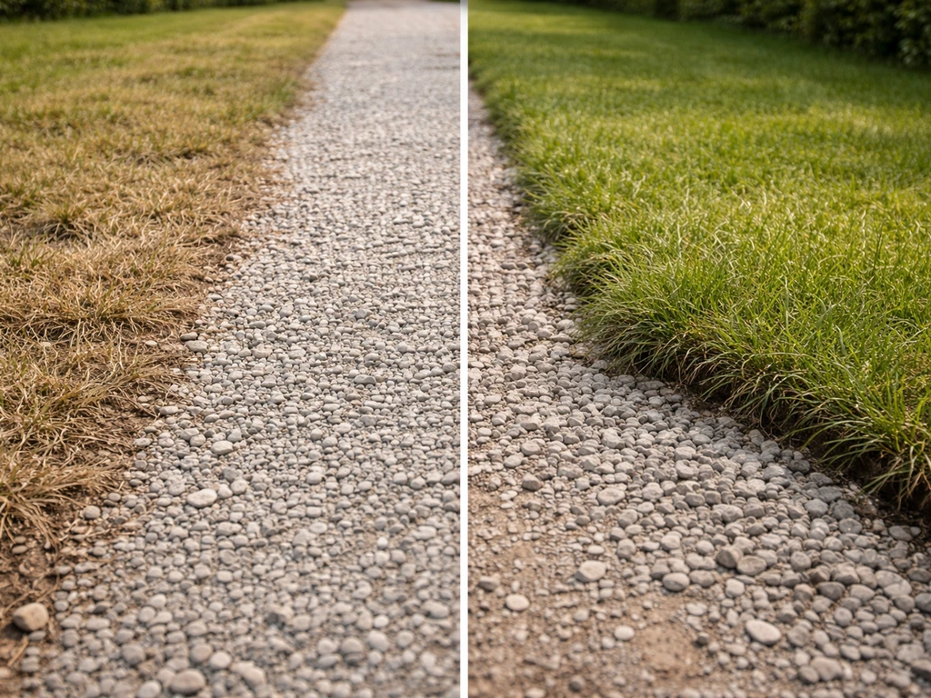 Links afgestorven gras met stevig grind; rechts levend gras/losse grasmat waar grind kan verzakken.