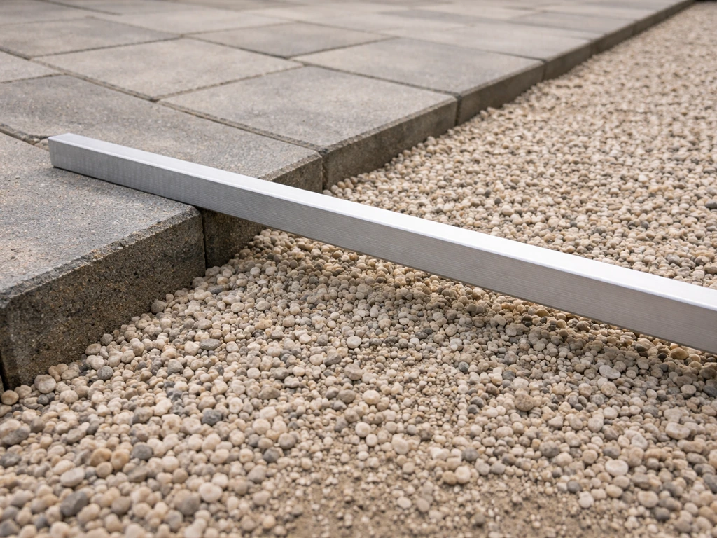 Close-up van het grindpad-eindniveau met meetlat over de overgang naar de bestrating, net lager.