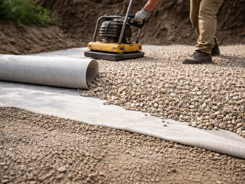 Close-up van geotextiel en gecompacteerde onderlaag met verse grindlaag die wordt verdicht met trilplaat.