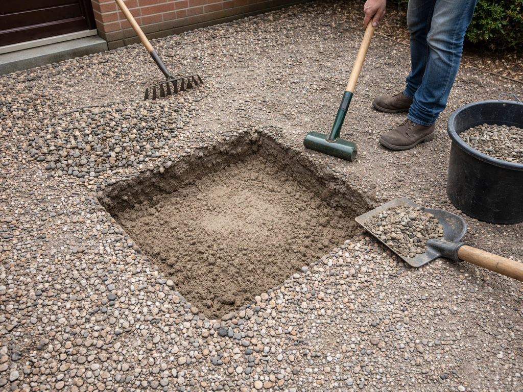 Kleine verzakking in een grindpad; grind opzij geharkt, funderingsmateriaal toegevoegd en opnieuw aangedrukt.