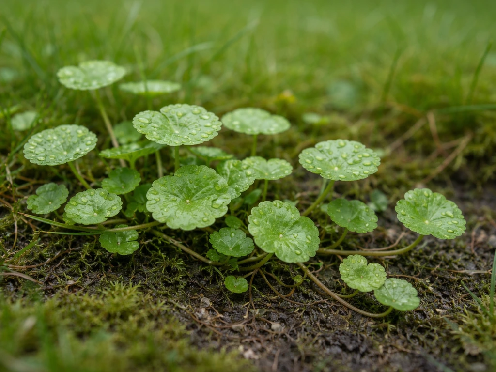 Close-up van waternavel in het gazon met duidelijk zichtbare blaadjes en kruipende stengels.
