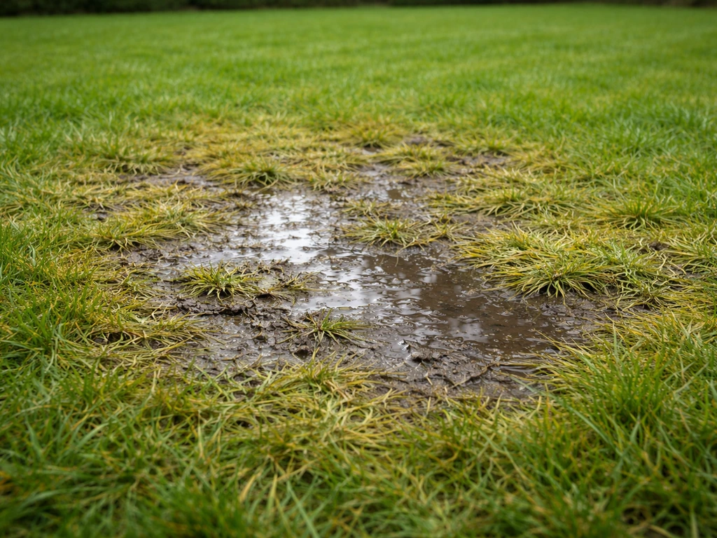 Overzichtsfoto van een natte gazonplek met zichtbaar water en modder, wijst op slechte drainage