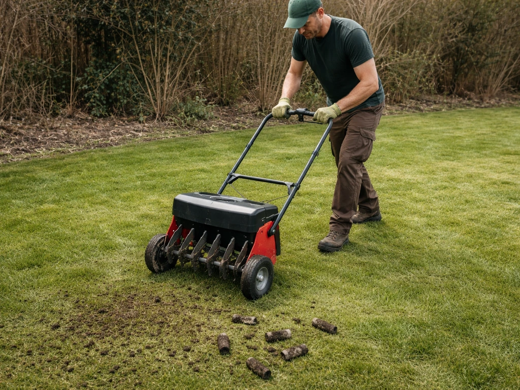 Tuinier gebruikt een hollow-tine aerator op gazon; zichtbare grondpropjes na het beluchten