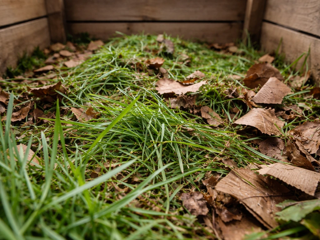 Close-up van grasresten en bruin dor blad/karton in een compostbak, klaar om te composteren.