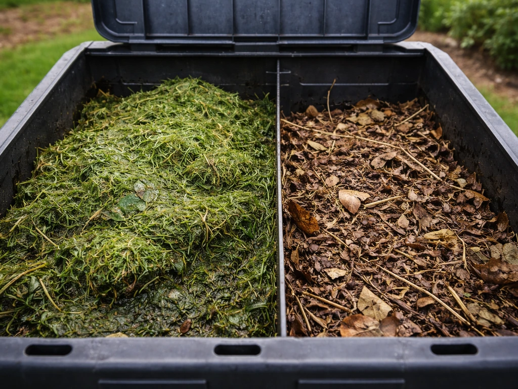 Geopende compostbak met dikke, natte grasmaaisellaag naast een luchtigere bruine compostmix.
