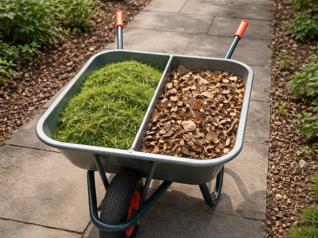 Kruiwagen met afgemeten porties vers grasmaaisel naast dor blad en gehakseld snoeihout in losse compartimenten