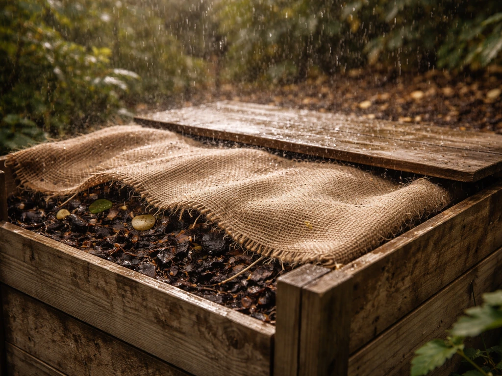 Compostbak met jute afdekking; regendruppels op deksel/jute, compost blijft grotendeels afgeschermd.