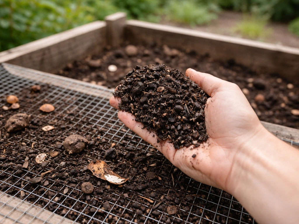 Donkerbruine, kruimelige rijpe compost uit een grove zeef op een achtertuin, met grove resten in de zeef.