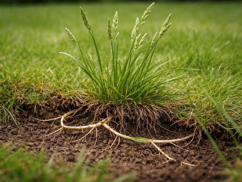 Close-up van woekerend gras met worteluitlopers in een gazon, met zichtbare bodem en wortels.