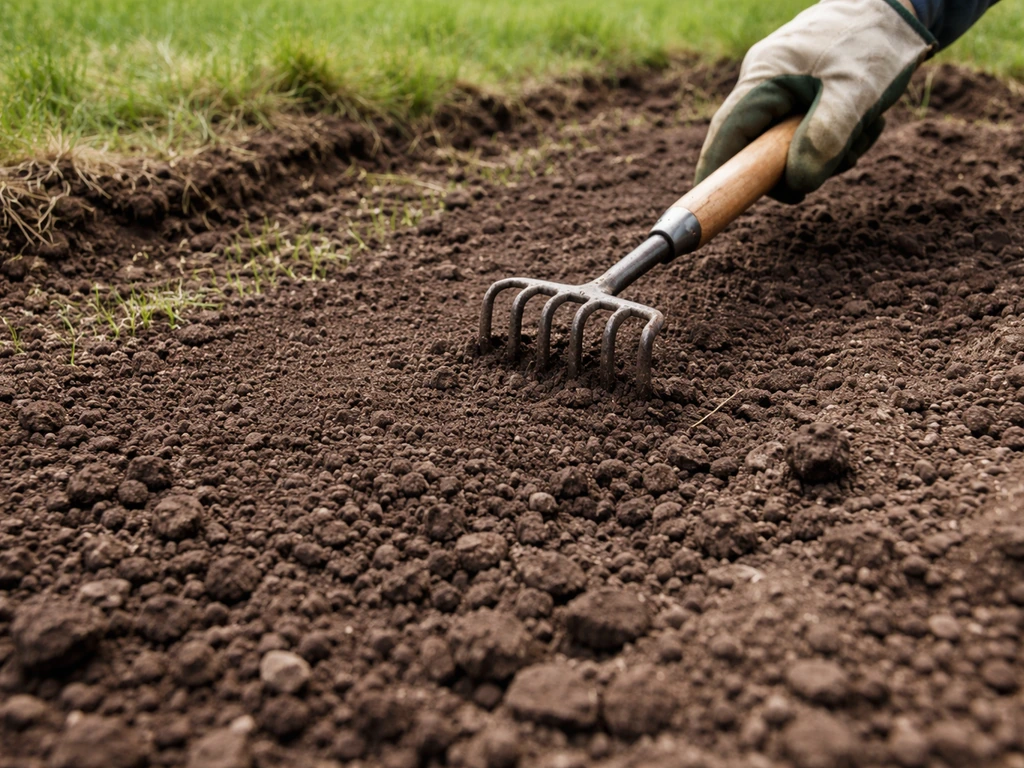 Egaliseren van een smalle strook aarde met een hark, met net ingezaaide grassprieten in een tuin.
