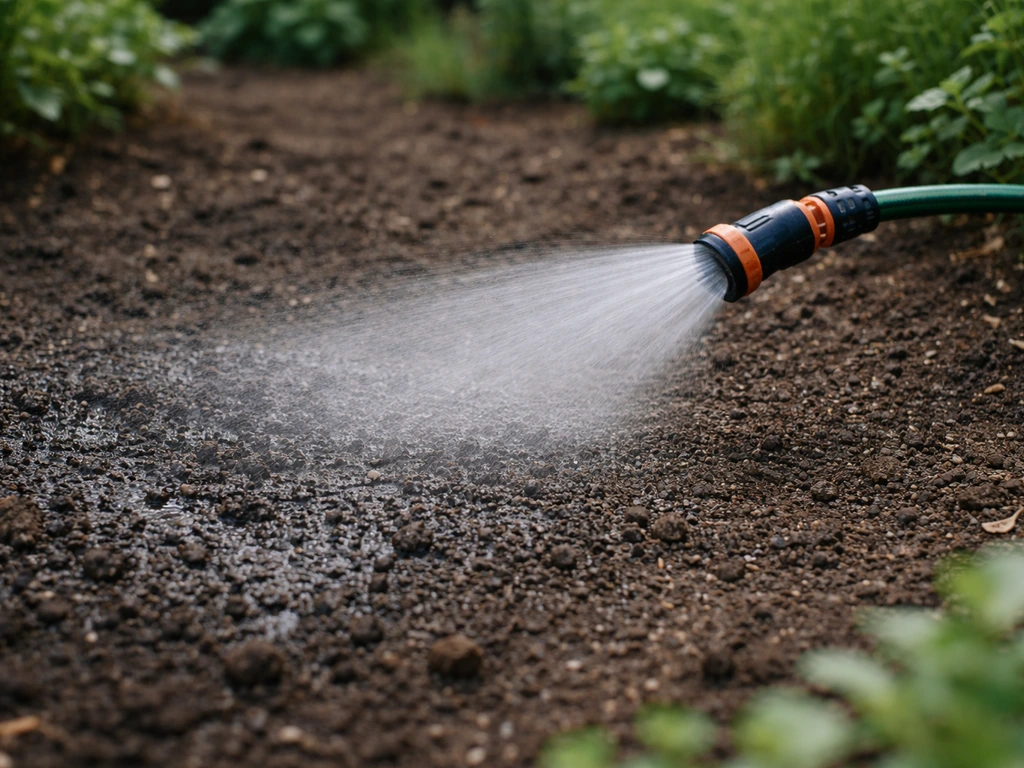 Hand die tuinslang met sproeier rustig in de grond sproeit; water dringt diep in de aarde zonder oppervlaktesproei