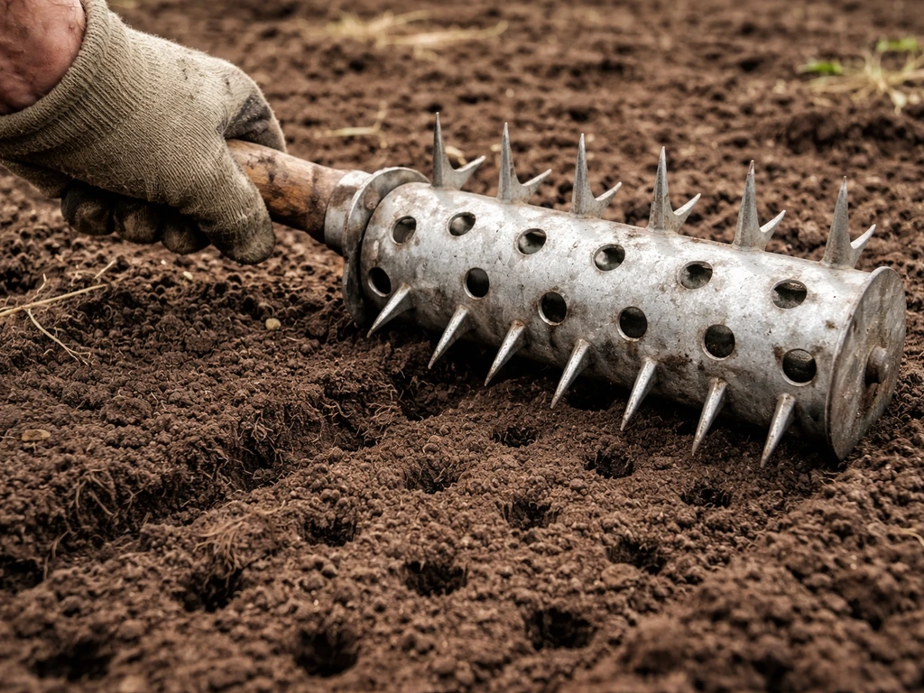 Tuinier maakt met een prikrol beluchtingsgaten in de bodem; wortelzone en donkere grond zijn zichtbaar.