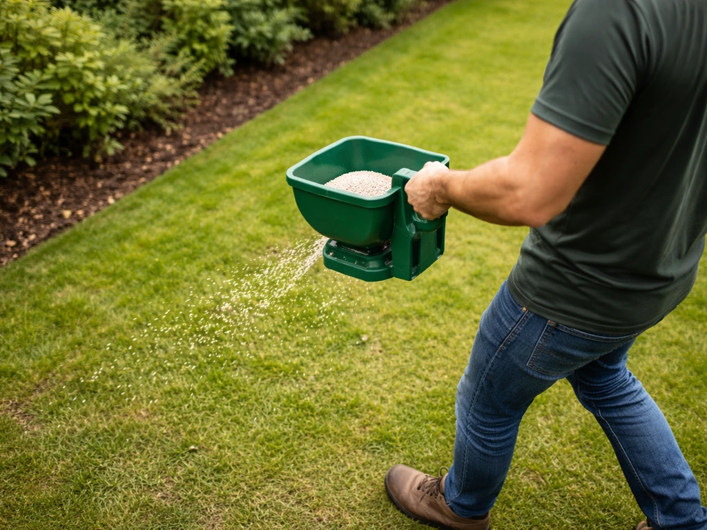 Tuinman strooit NPK-gazonmeststof met een handstrooier over een herstelde graszone in de tuin
