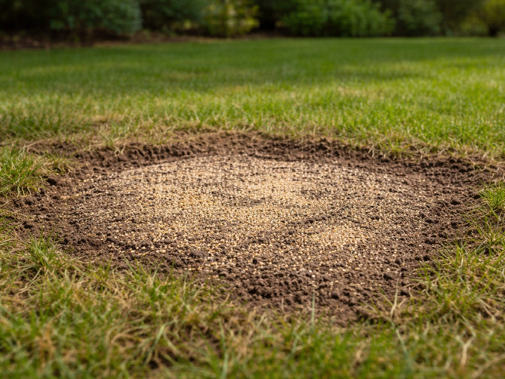 Opengewerkte kale plek in het gazon met zichtbaar ingezaaid graszaad, licht afgedekt en aangedrukt.