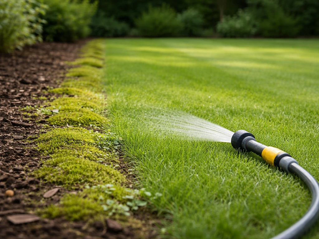 Gerichte waterstraal op een gazon met een zichtbare mosrand die wordt aangepakt.