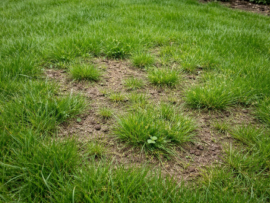 Nederlands gazon met kale/dunne plekken en verspreide polletjes die op gras en korenlei wijzen.