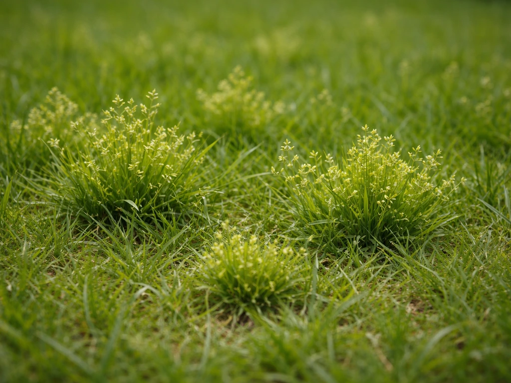 Close-up van Poa annua met compacte geelachtig-groene polletjes in een gazon
