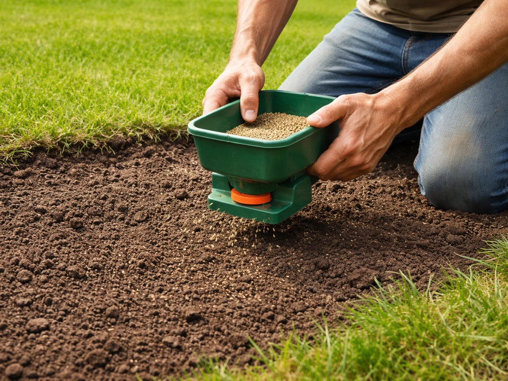 Anonieme handen/zaaimachine die graszaad doorzaait in losgemaakte aarde op een kaal gazonstukje.