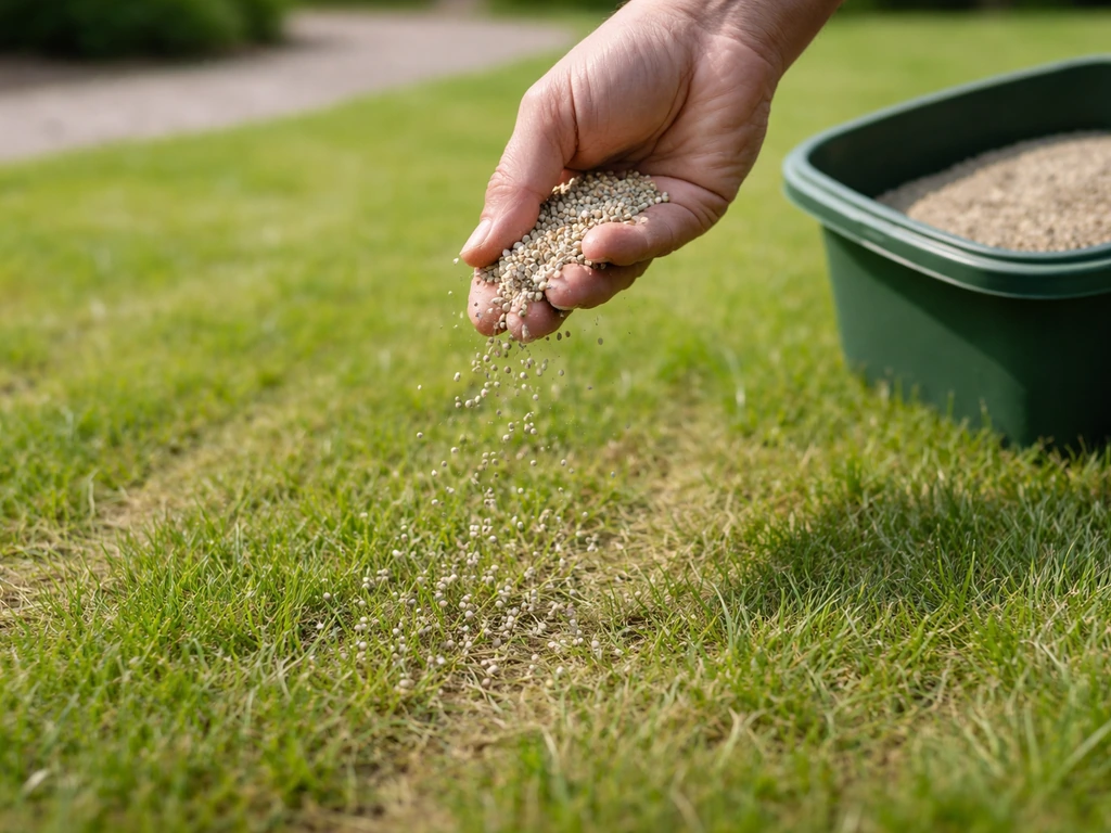 Anonieme hand strooit startersmest uit op een net geverticuteerd gazon, mestkorrels vallen op het gras.