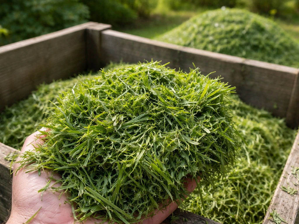 Vers grasmaaisel met groene maaistrepen op een compostbak, klaar om te composteren.