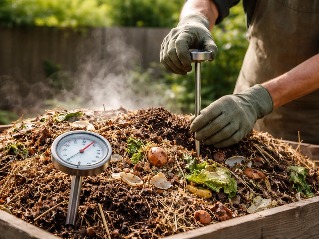 Iemand bouwt een hete composthoop met handschoenen, terwijl een compostthermometer de temperatuur meet.